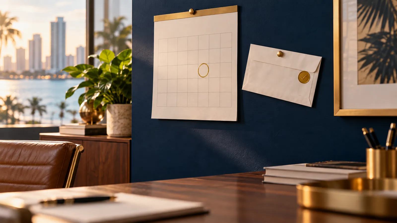 Calendario de pared con una fecha marcada en dorado y un sobre pagado junto a él