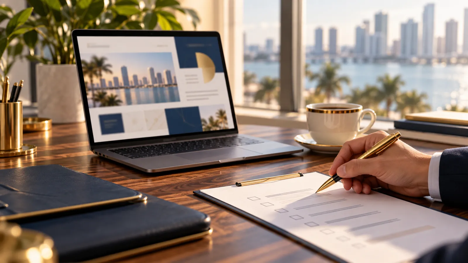 Persona revisando una lista impresa junto a una laptop con el perfil de una empresa