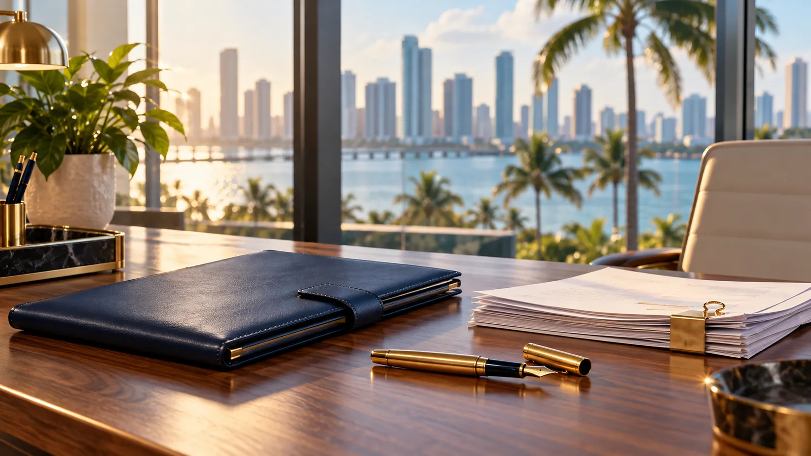 Escritorio de oficina con un portafolio azul, una pluma dorada y facturas de proveedores ordenadas, con vista a la ciudad