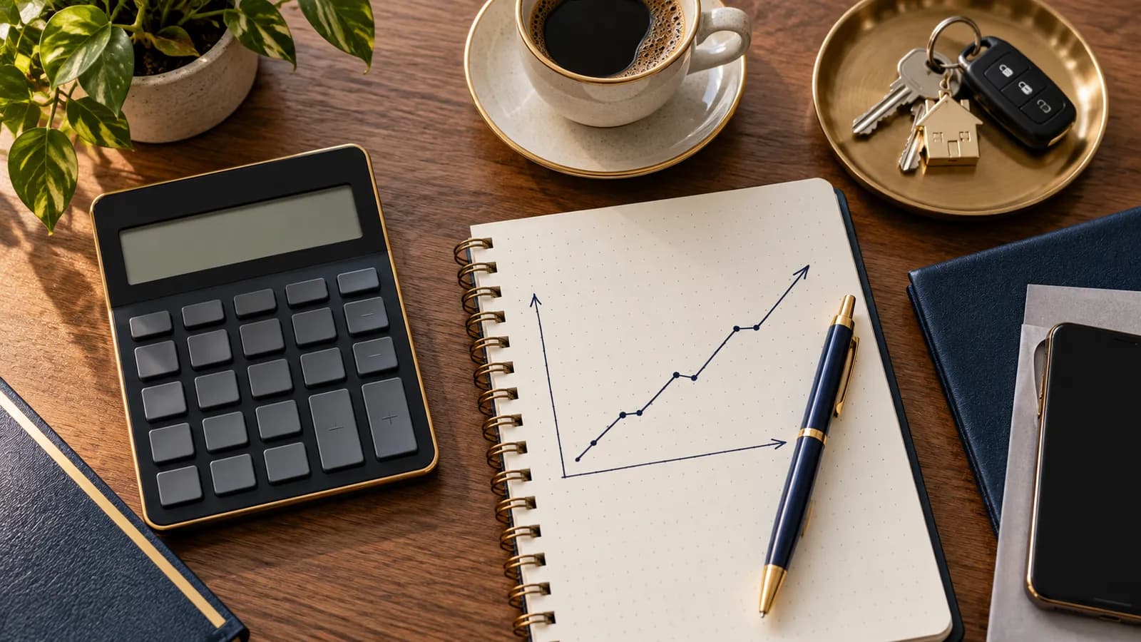Gráfica de crecimiento sobre un escritorio con calculadora y documentos de negocio