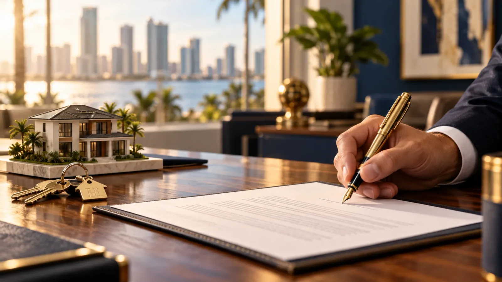 Mano firmando un documento con una pluma dorada, junto a una maqueta de casa y unas llaves