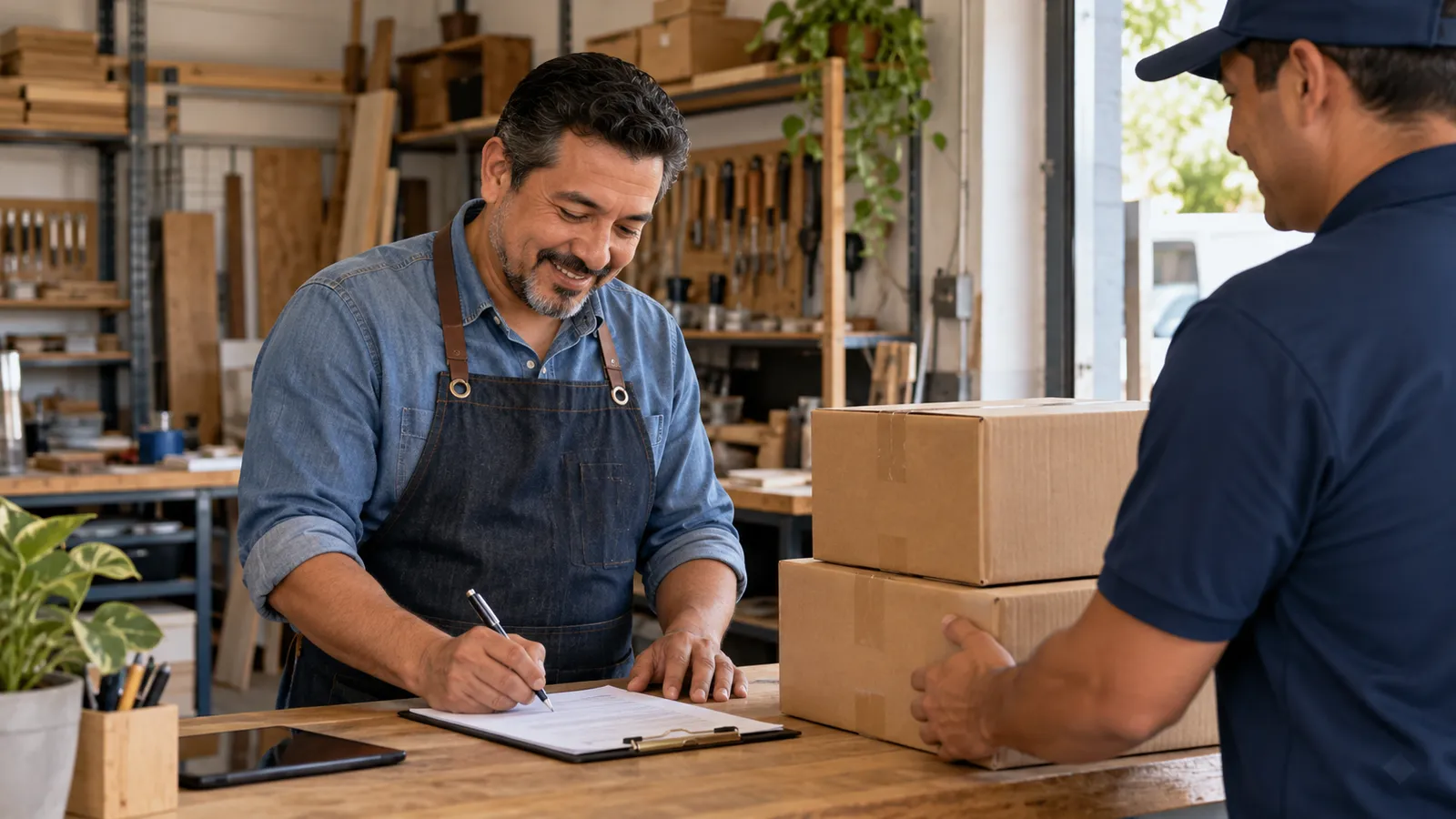 Cajas de envío y factura comercial sobre un mostrador