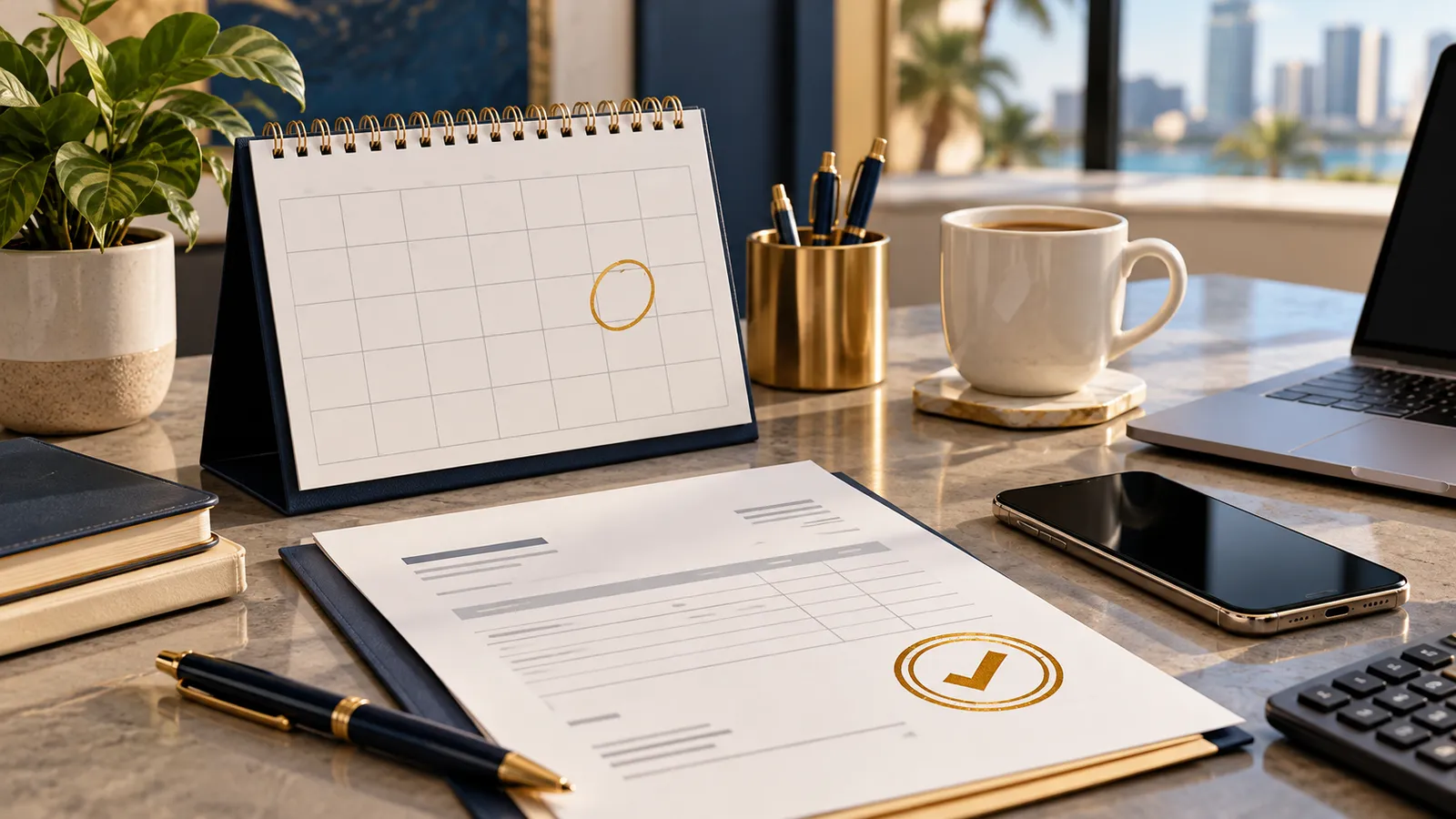 Calendario con una fecha marcada y una factura pagada