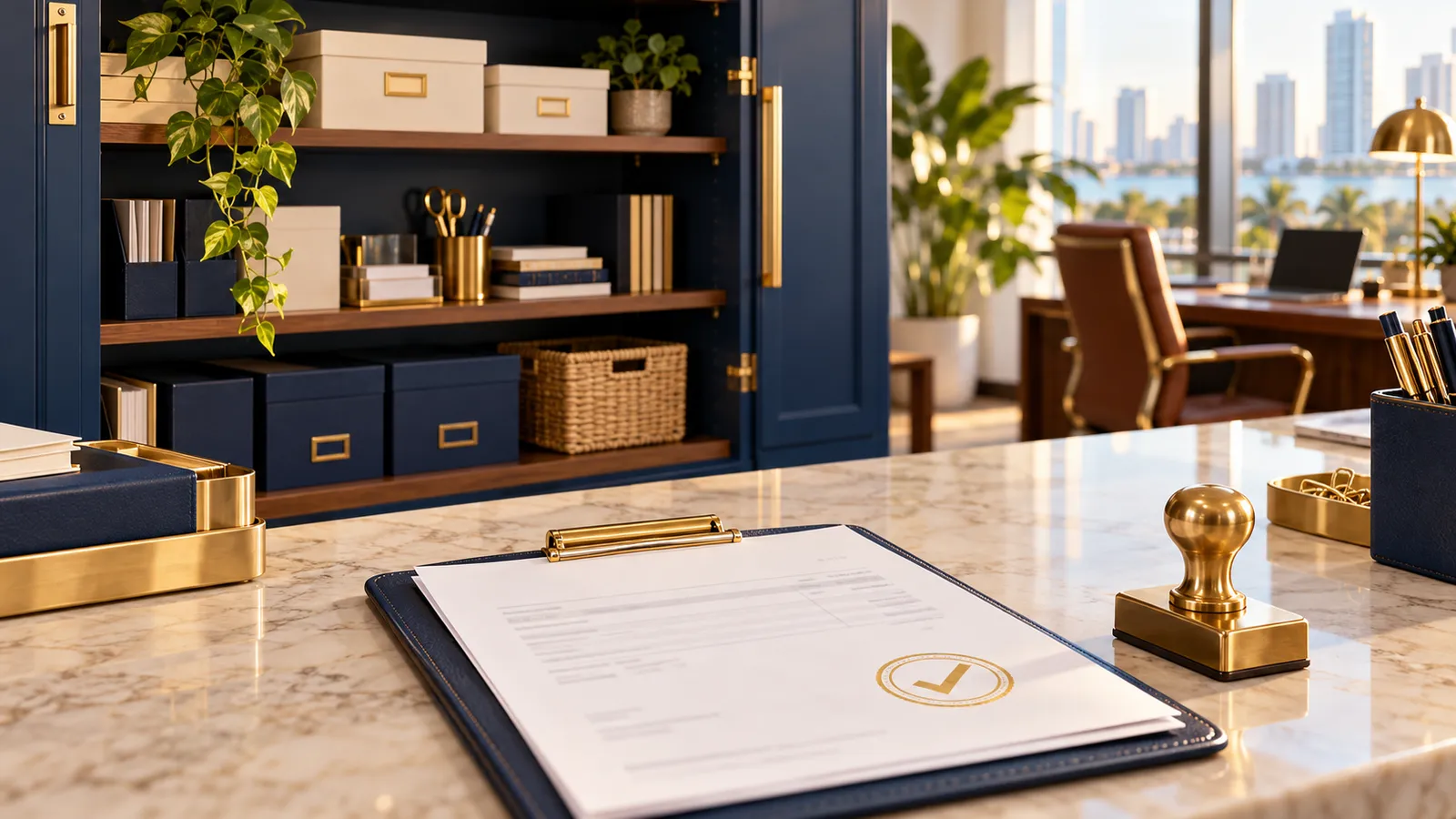 Mueble de suministros de oficina y una factura pagada con un sello dorado sobre el mostrador