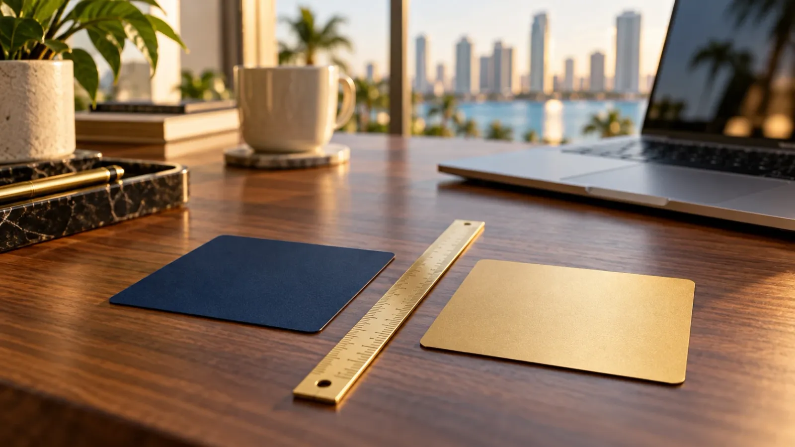 Dos tarjetas, una azul y una dorada, separadas por una regla de latón sobre un escritorio